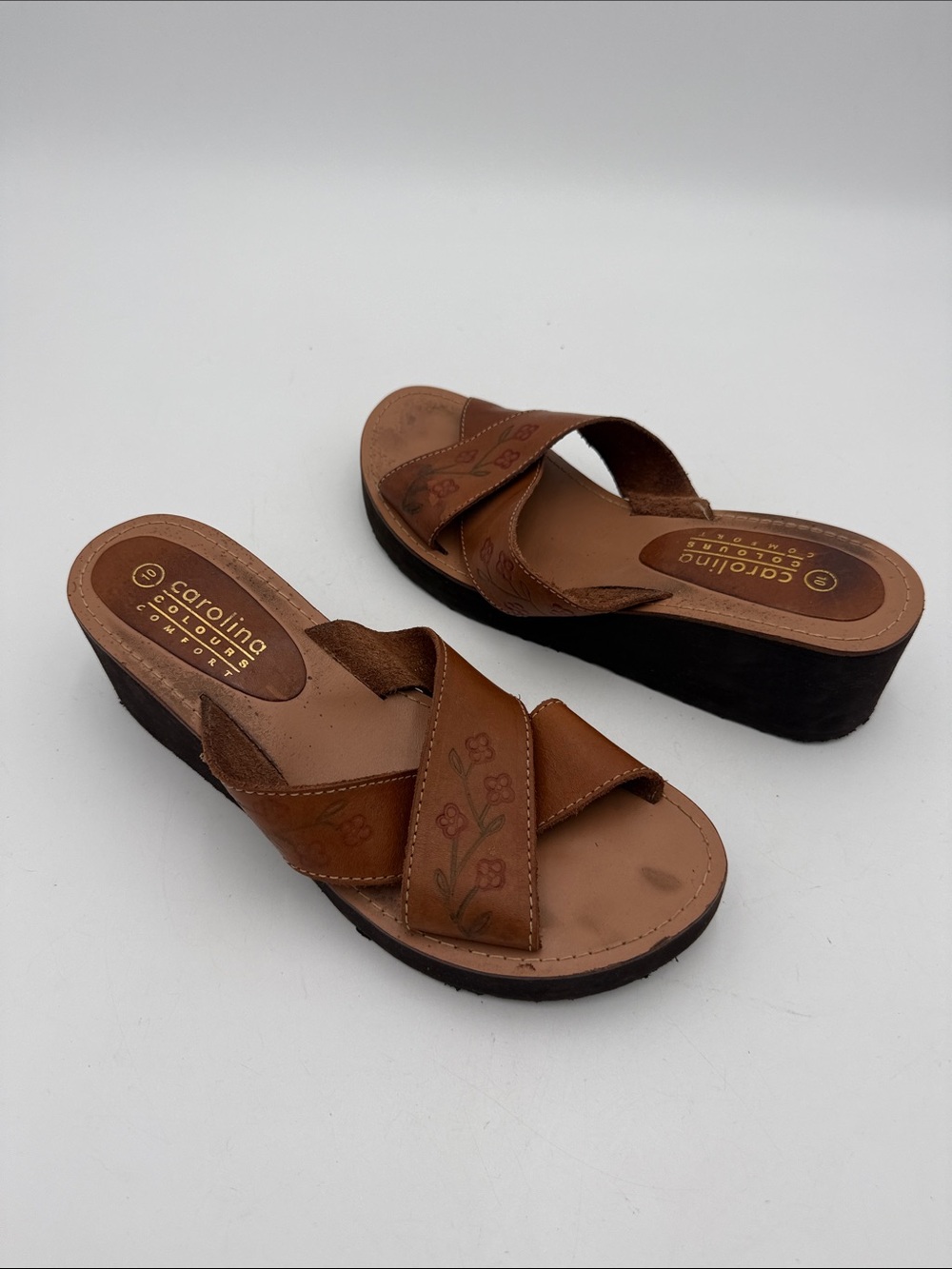Vintage Carolina Colours Brown Leather Slide Sandals women 10 Floral Y2K  retro